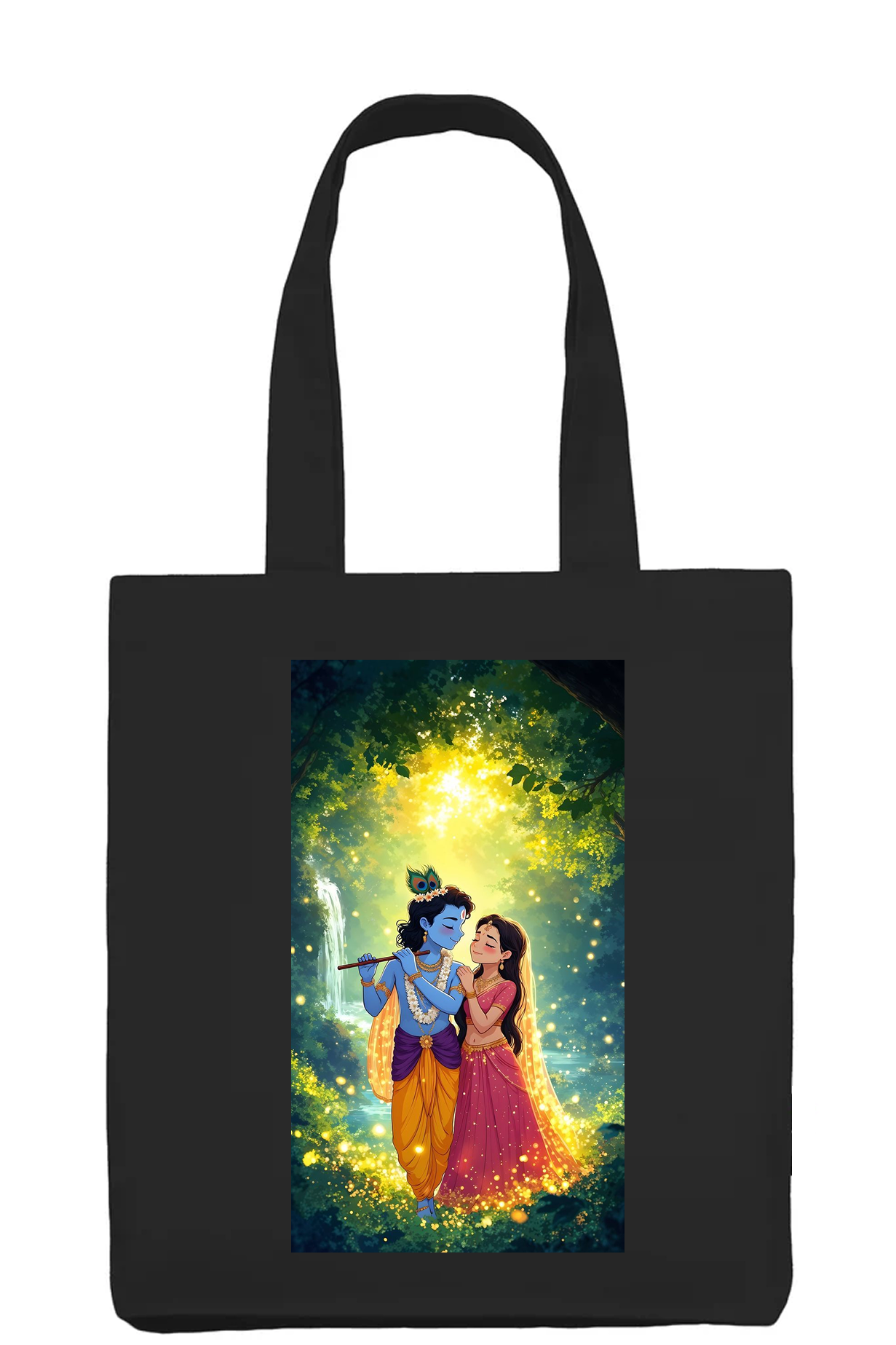 Glowing Radha Krishna Forest Black Cotton Tote