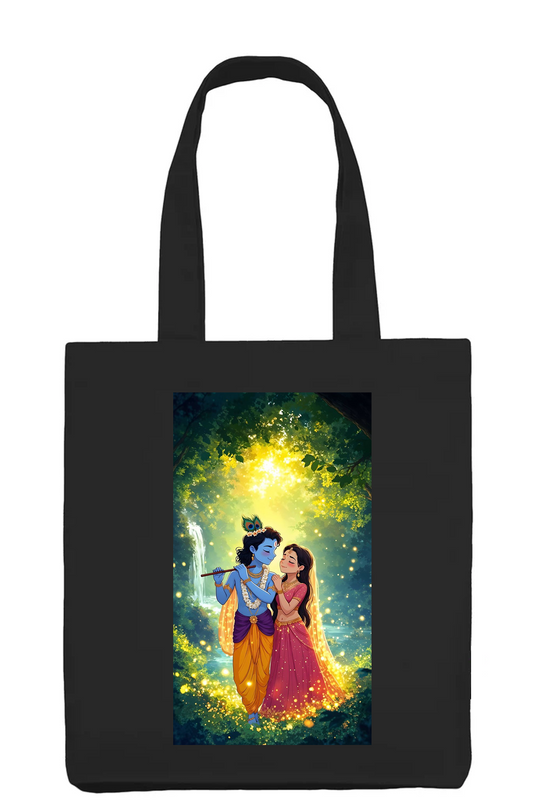 Glowing Radha Krishna Forest Black Cotton Tote