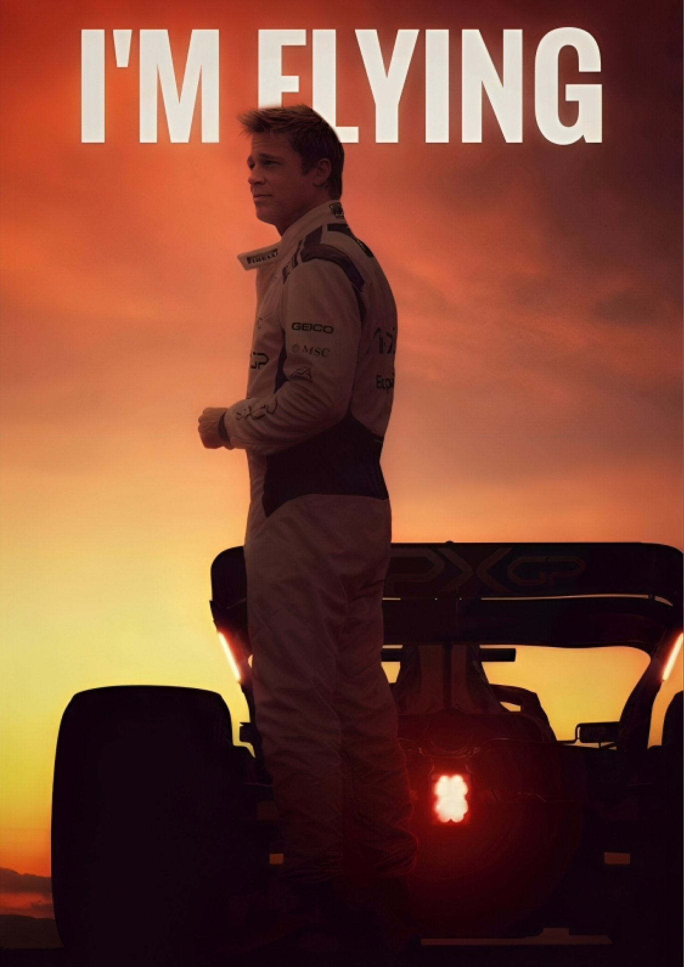 I'M FLYING F1 Movie Poster (Brad Pitt) - Sunset Racing Art