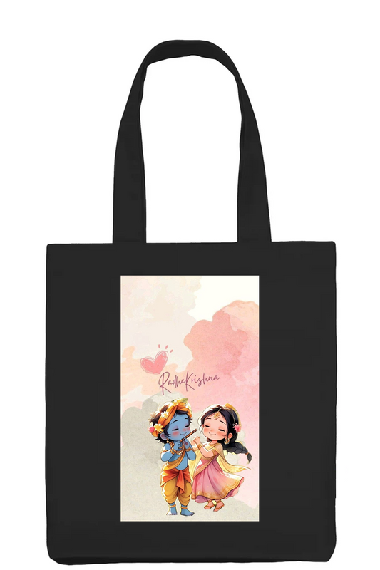 Cute Radha Krishna Love Black Cotton Tote Bag